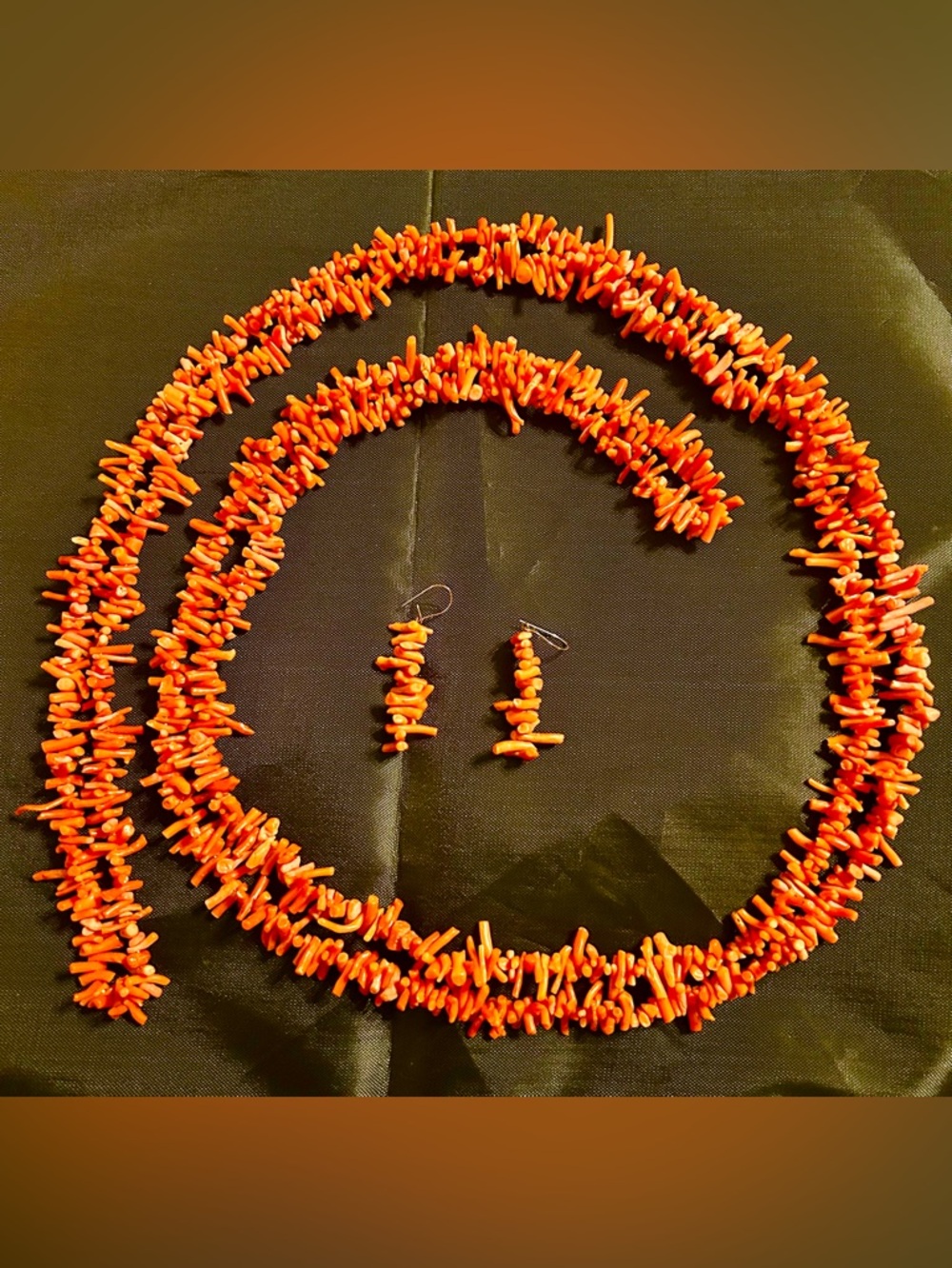 70" Vintage Orange Branch Coral Necklace. Matching Earrings w/10k Clasps-TESTED